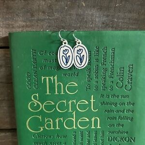 NWT Metal “porcelain plate” blue flower earrings